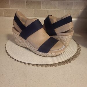 Life Stride Navy Elastic Espadrille Wedge Sandals Sz. 10 W
